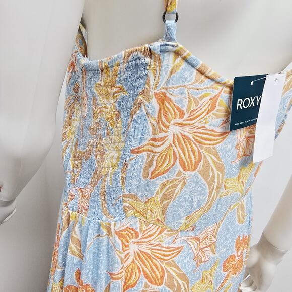 Roxy Midi Dress Size XL Floral Strappy Land of All Womens Blue Crinkle NWT - Picture 8 of 11
